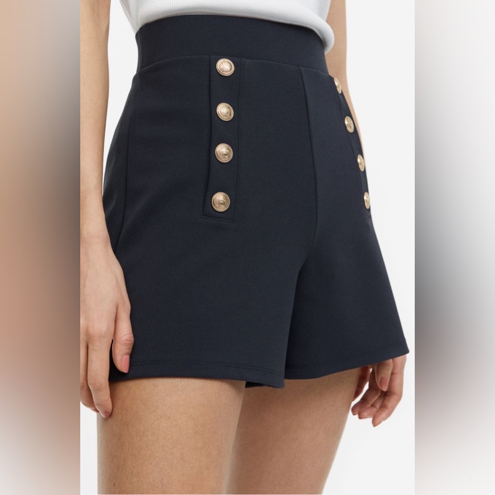 H&M Pull-on, High Waist Shorts with Button Detail - Size M - Dark Navy